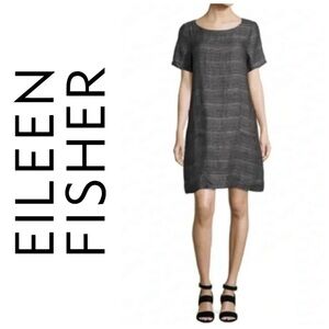 Eileen Fisher blue woven hemp + cotton shift dress with patch pockets